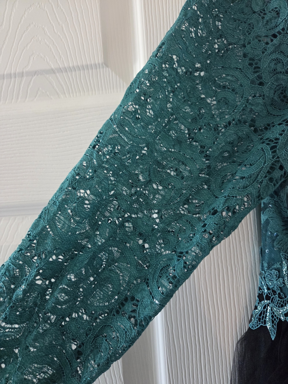Vintage Teal Lace Bodice with Black Tulle Long Sleeve Midi Dress - Picture 7 of 7